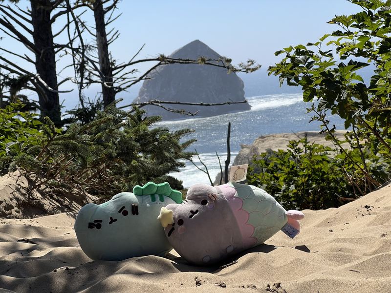Pusheeno and Mersheen lying in the sand on a dune, with Haystack Rock and the ocean behind