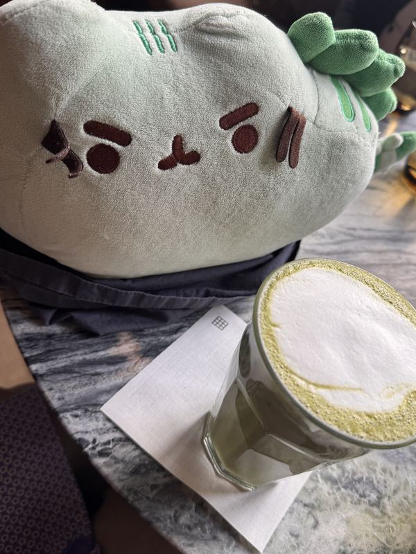 Close-up of Pusheeno’s face next to a matcha latte