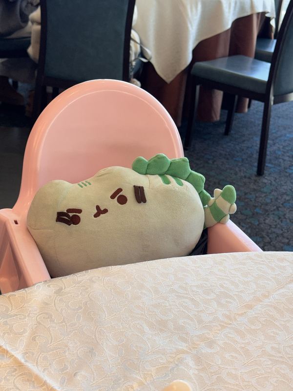 Pusheeno sitting in a pink high chair at a restaurant table