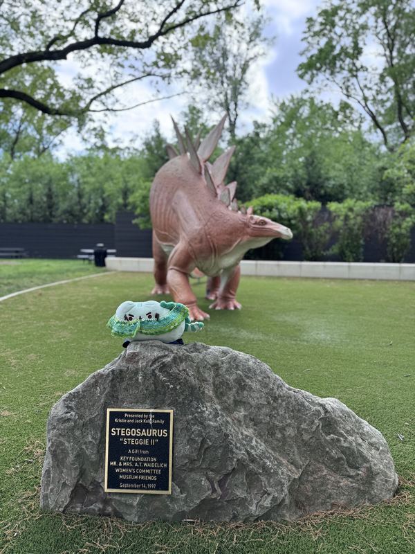 Pusheeno on a boulder in front of a life-size stegosaurus statue in a museum garden