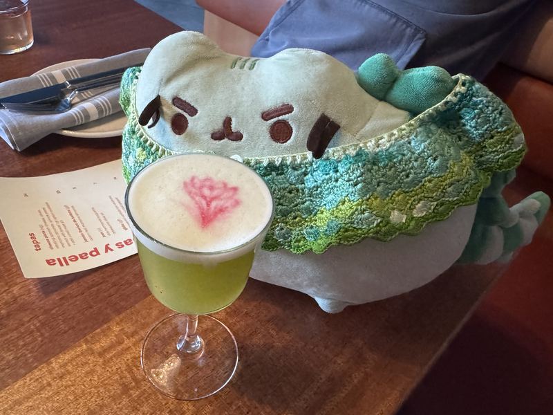 Pusheeno in his crocheted collar beside a green cocktail with a pink flower drawn in its foam