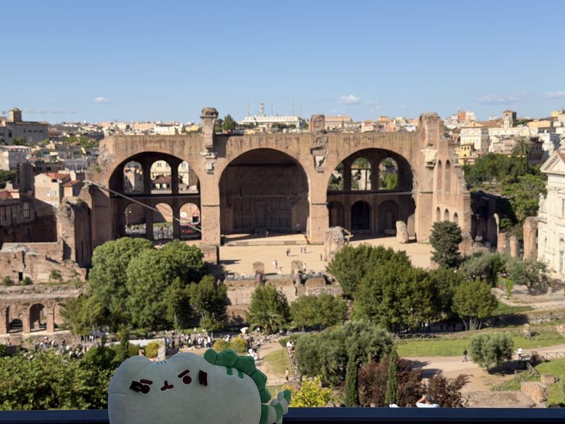 Pusheeno on a railing overlooking the Roman Forum and the arches of the Basilica of Maxentius
