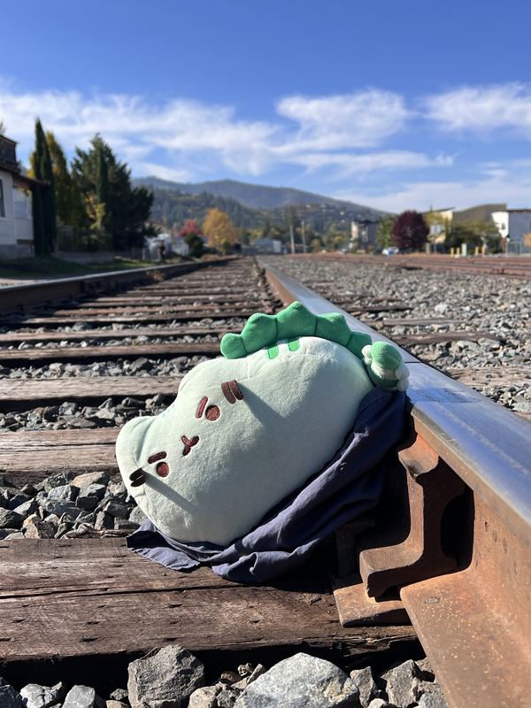 Pusheeno lying on a railway sleeper beside the rail, a tiny crocheted mini at his back, autumn trees and hills behind