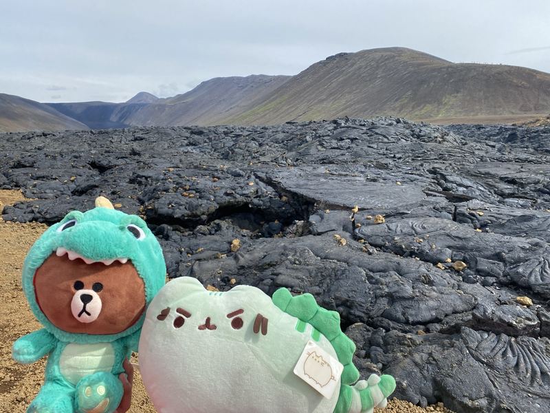 Pusheeno and Dino Brown, a bear in a teal dinosaur costume, in front of a field of black cooled lava and brown hills