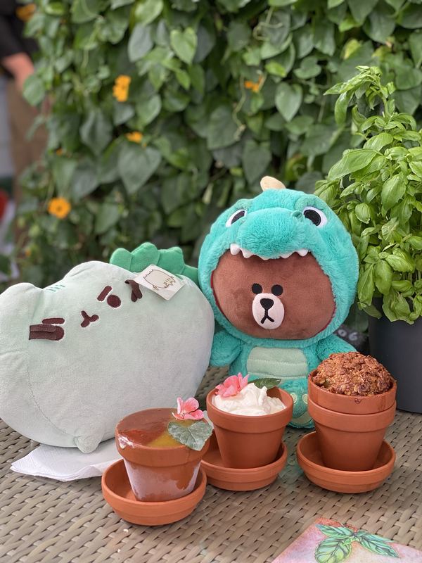 Pusheeno and Dino Brown behind three terracotta flowerpots holding desserts, with leafy plants and basil behind