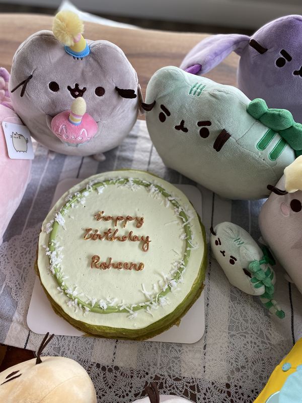 A pandan birthday cake reading happy birthday Pusheeno, with Pusheeno, a party-hat Pusheen holding a cupcake, a purple Pusheen and a mini around it
