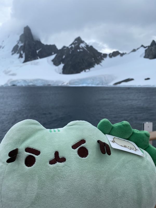 Pusheeno at a ship’s railing with dark Antarctic peaks, a glacier and grey water behind